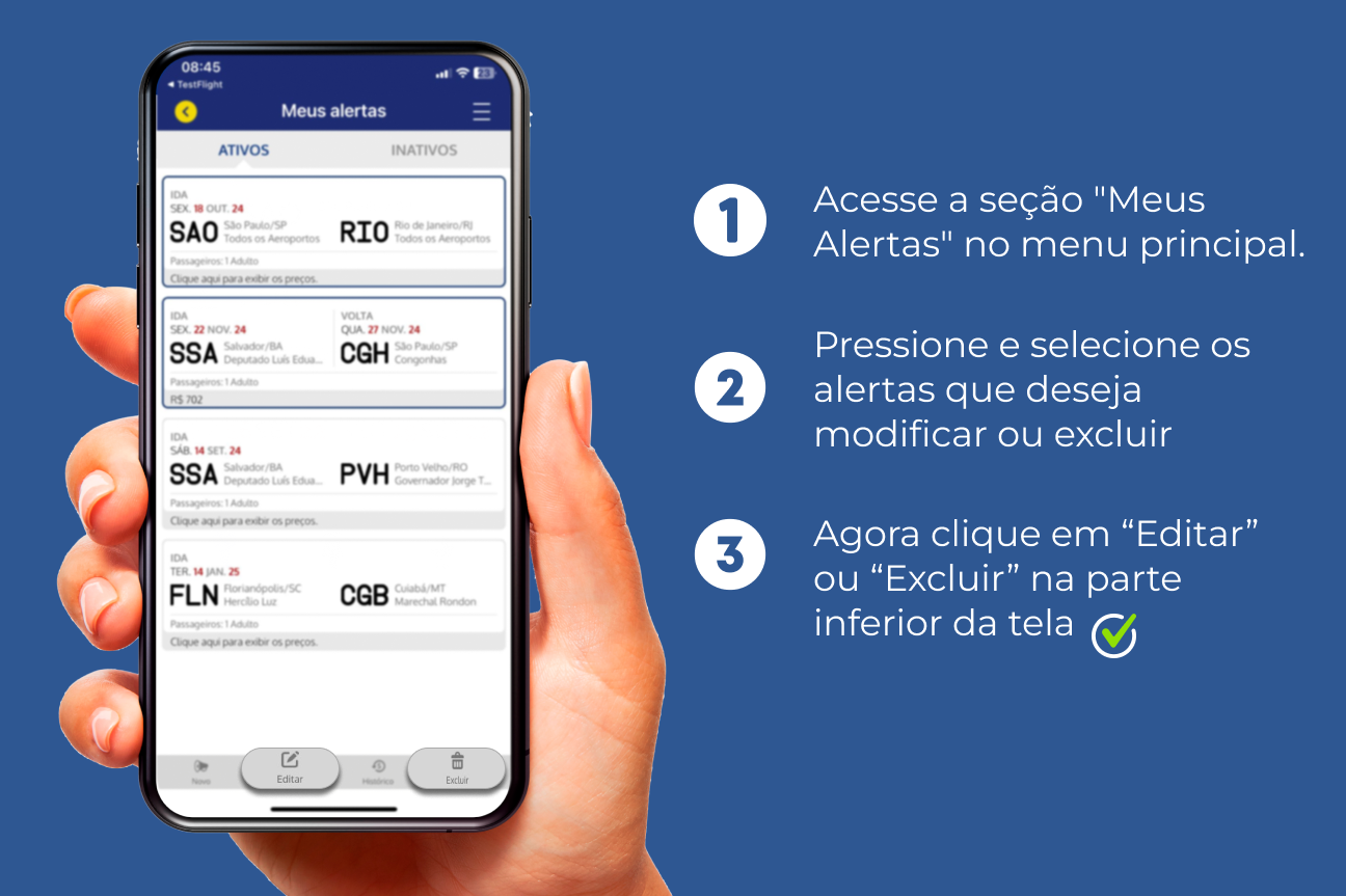 Imagem de um celular, mostrando como gerenciar os alertas no Voelivre