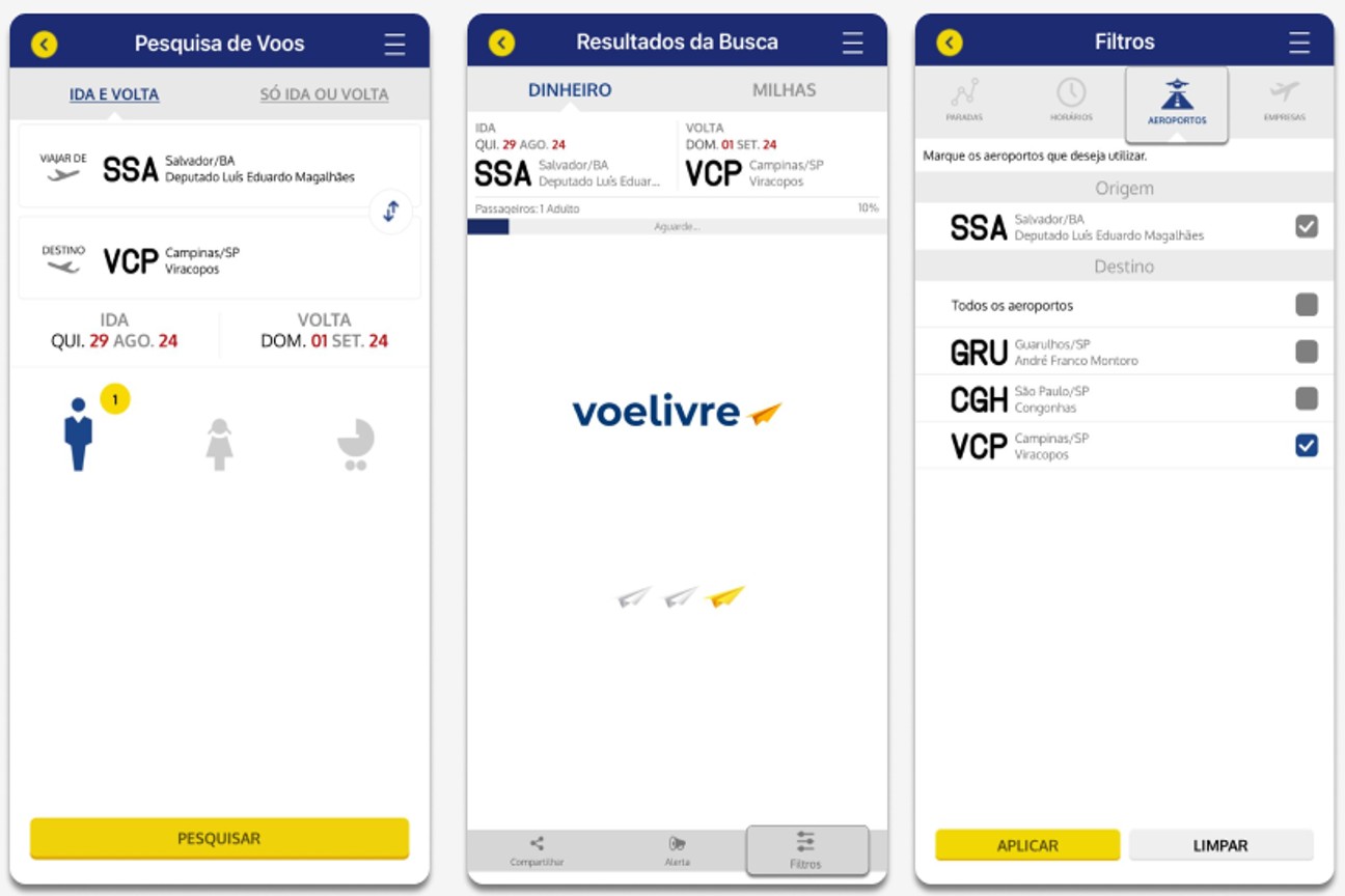 Foto do app voelivre aparecendo a página de filtros